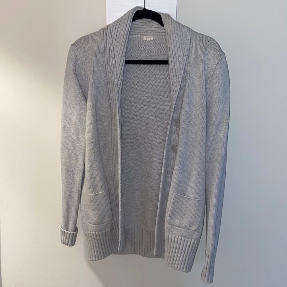 J. crew cardigan. Heavy cozy grey sweater with buttons and collar.
